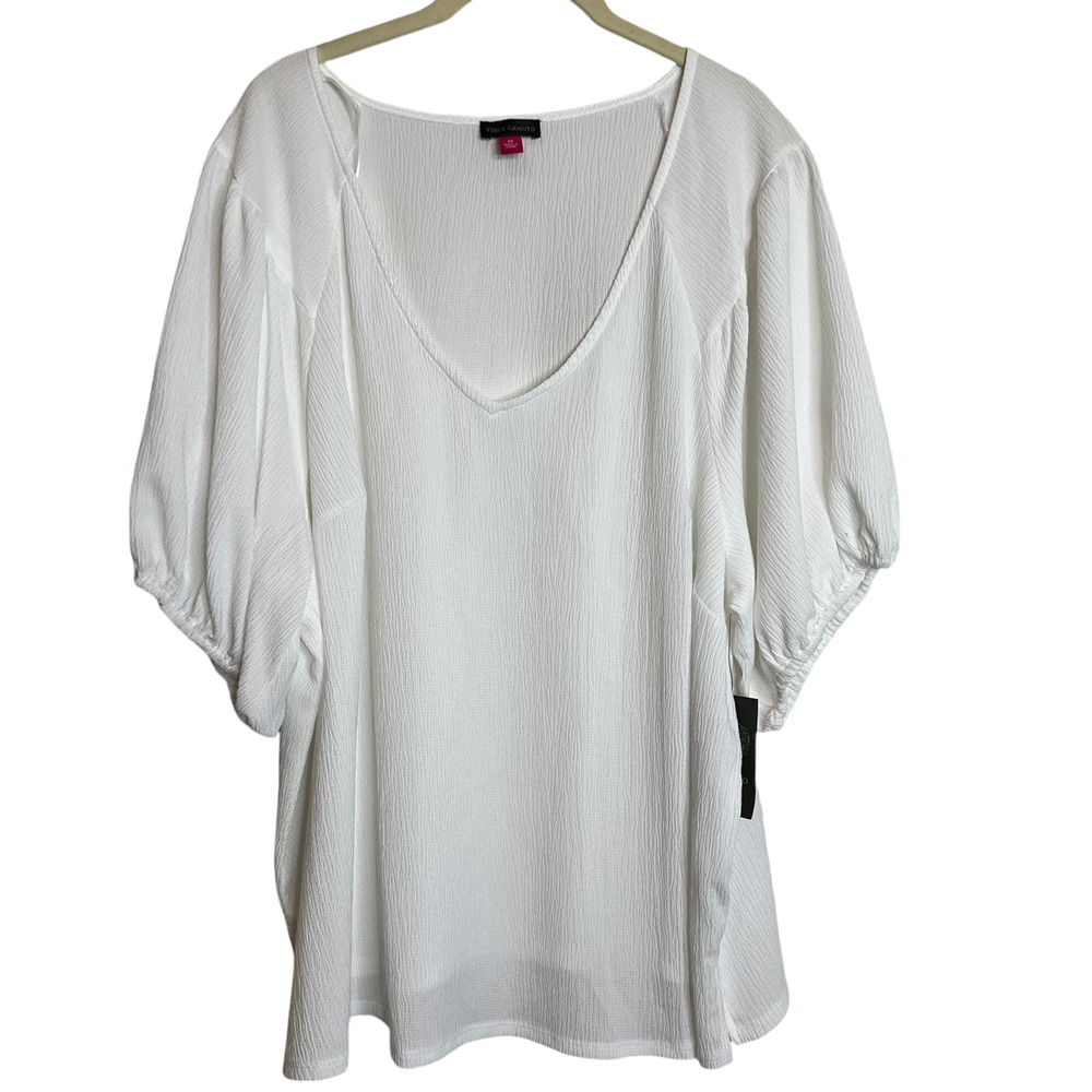 Vince Camuto Womens Puff Sleeve Gauze Blouse 3X White V-Neck Cottagecore Boho